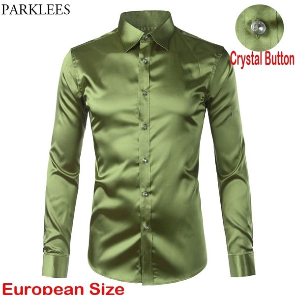 Yeşil ipek saten elbise gömlek erkekler lüks marka rahat dans partisi uzun kollu chemise pürüzsüz kırışıklık ücretsiz smokin gömlek 210522