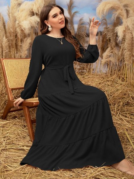 

plus bishop sleeve ruffle hem belted dress v6vo#, Black