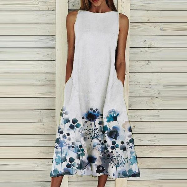 

women's summer dress round neck sleeveless scenic floral printed pocket plus size long vestidos de mujer casual 2021 dresses, Black;gray