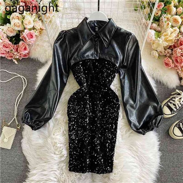 Сексуальные женщины PU кожаный платье платье с длинным рукавом BodyCon черная вечеринка платья женские шикарные моды Vestidos 210601