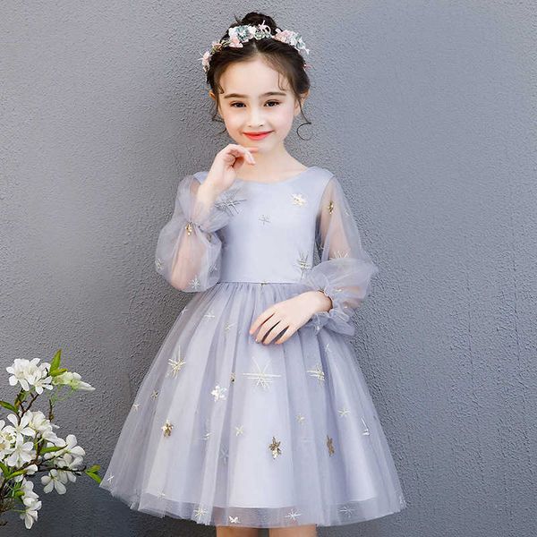 Fee Mädchen Sterne Stickerei Partykleid Puffärmel Prinzessin Silber Abend für Kinder Kleinkind Elegantes Kostüm 210529