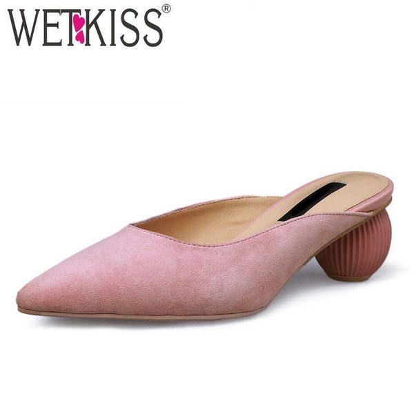

wetkiss kid suede slippers women square toe footwear unusual heels high slides shoes woman spring female mules shoes woman blue 210630, Black