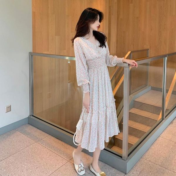 

maternity dresses 2021 autumn fairy fresh floral chiffon dress long lantern sleeve stretched high waist maxi pregnant woman, White