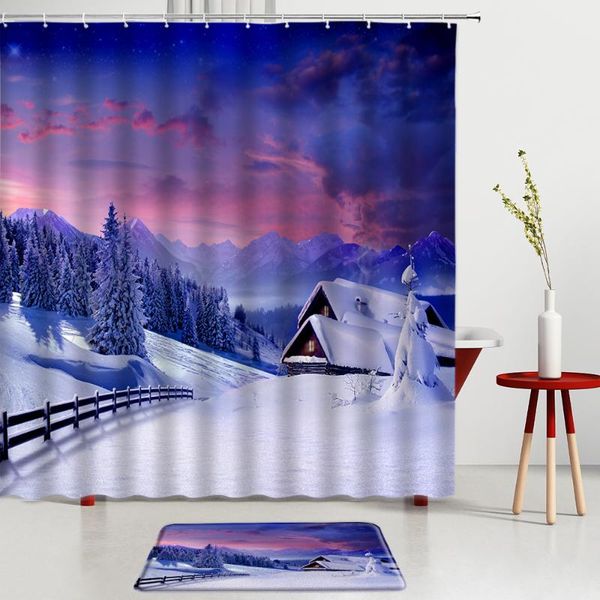 

shower curtains snow mountain landscape tree wooden house set pink blue sky bath mat screen bathroom rug room decoration