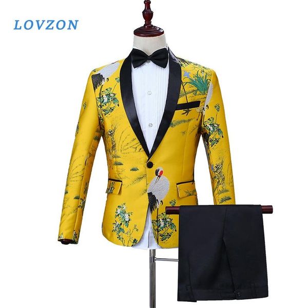 

luxury yellow suit jacket for men print blazer slim fit floral stage clothing pattern stylish party wedding men's suits & blazers, White;black