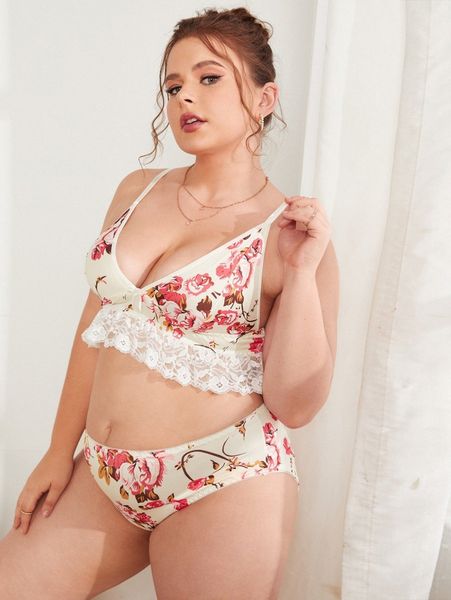 

plus floral print lace hem lingerie set s1qr#, Black;white