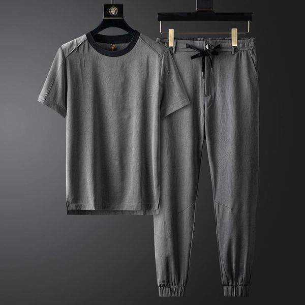 

men's tracksuits brand grey summer mens sets (t-shirt+pants) luxury short sleeve casual male tracksuit fashion slim fit sport man 3xl, Gray