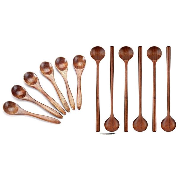 

dinnerware sets 6pcs wooden long spoons handle round with small spoons,wooden teaspoon