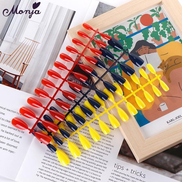 

monja 18 pure colors acrylic finger false nail multi-size full cover tips fake fingernail extension build diy manicure tool nails, Red;gold