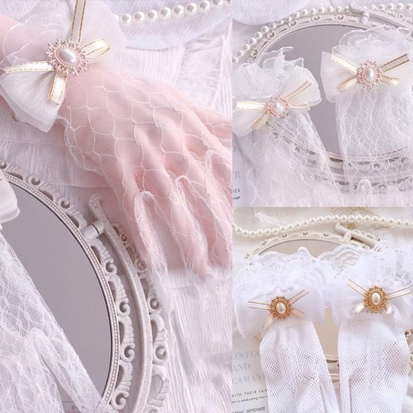 

five fingers gloves lace for women mesh ruffle ornament bow pearl cute elegant wedding dinner cosplay party props, Blue;gray