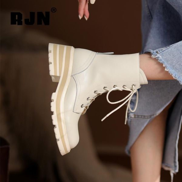 

boots rjn women ankle shoes 2021 genuine leather platform basic ladies spring autumn round toe leisure stylish modern rl140, Black