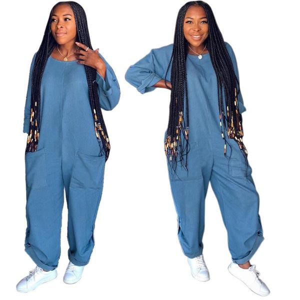 

women's jumpsuits & rompers demin solid color full sleeve o-neck pullover autumn safari style women pockets button loose long smr9398, Black;white
