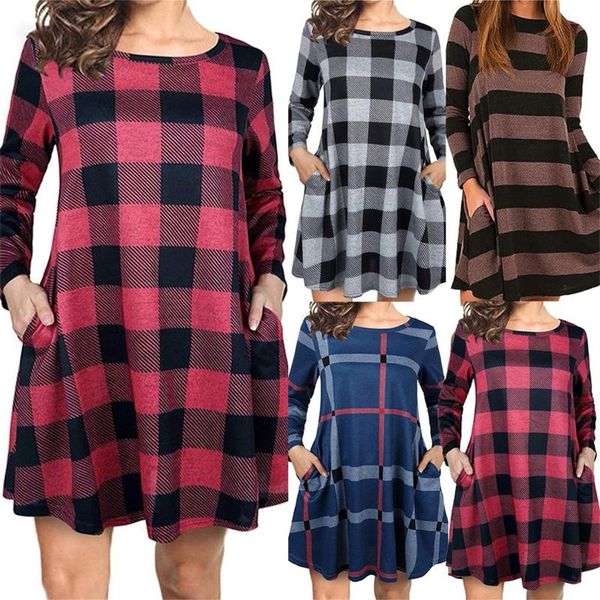 

casual dresses plaid printed women dress o-neck long sleeve loose mini with pockets pullover oversized clothing vestidos, Black;gray