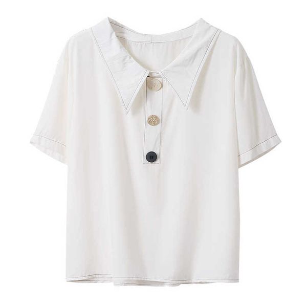 

perhaps u white yellow turn down collar short sleeve shirt chiffon solid summer women button b0634 210529