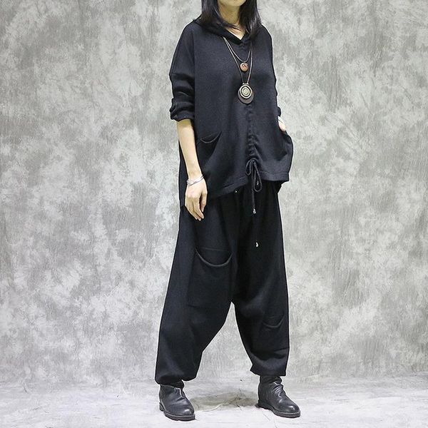 

fairynatural ladies black spring autumn clothes 2021 casual soft pullover elastic waist pants knitted two piece suit women's, White