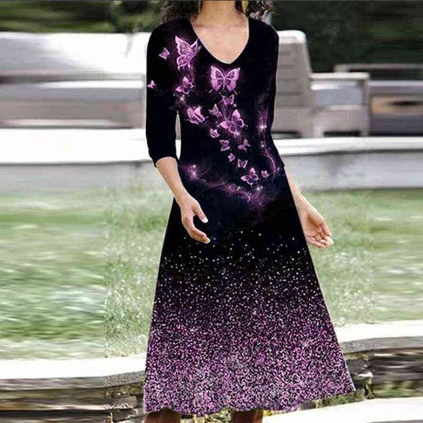 

2021 casual women long dress spring autumn female fashion maxi dress elegant butterfly printed long sleeve v-neck party dresses y1204, Black;gray