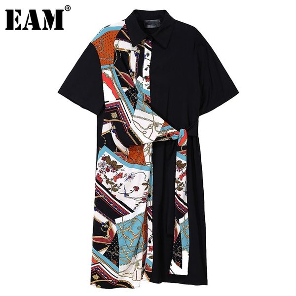 

[eam] women black big size print sashes asymmetrical dress lapel short sleeve loose fit fashion spring summer 1dd6984 21512, Black;gray