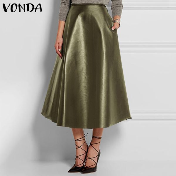 

skirts vonda elegant pu leathe maxi women casusl solid color high waist 2021 bohemian summer beach skirt s-, Black