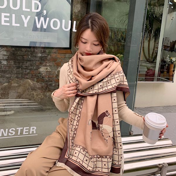 

autumn and winter new double-sided thickened scarf net red live grid frame horse printed warm shawl bib, Blue;gray