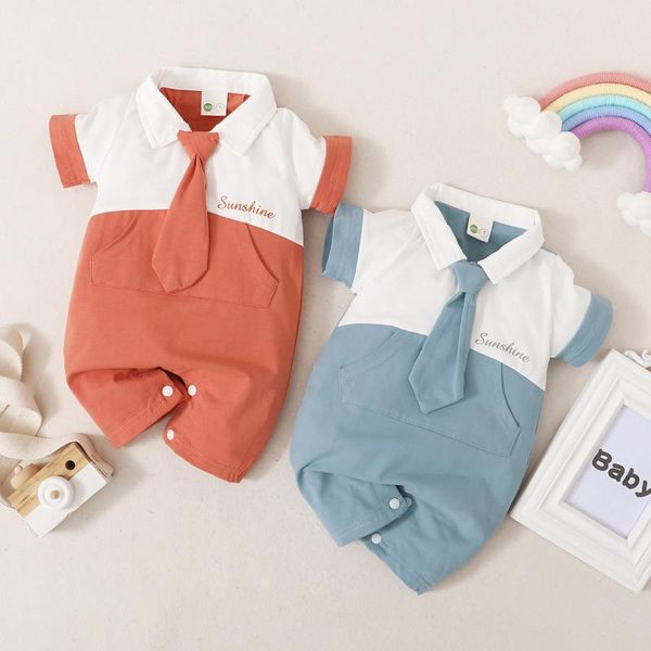 

0-24m baby summer clothing boys clothes letter print romper with tie short sleeve lapel neck jumpsuit pocket jumpsuits, Blue