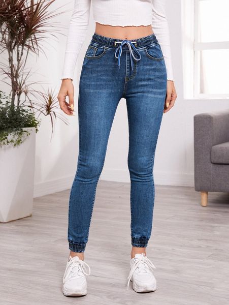 

slant pocket drawstring waist skinny jeans l5ak#, Blue