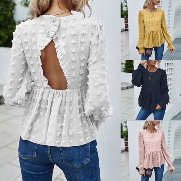 

blouses stylish flowers shirts women's backless blouses 2021 casual long sleeve blusas female hollow solid plus size tunic 7, White