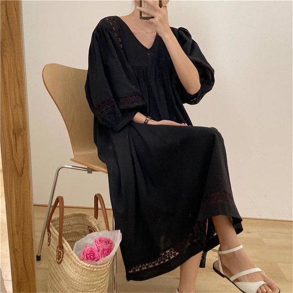 

hzirip all match oversize solid patchwork puff sleeves short summer 2021 korean office lady brief maxi party dresses casual, Black;gray