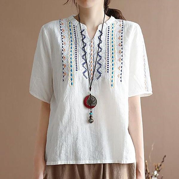 

plus size for women 100% cotton vintage blouse embroidery ladies summer casual short sleeve loose white shirt women's blou