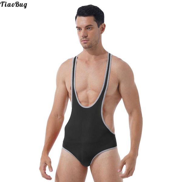 

men's swimwear tiaobug men fitness wrestling singlet stretchy deep u-neck sleeveless skinny jumpsuits swimming leotard sport bodysuit u