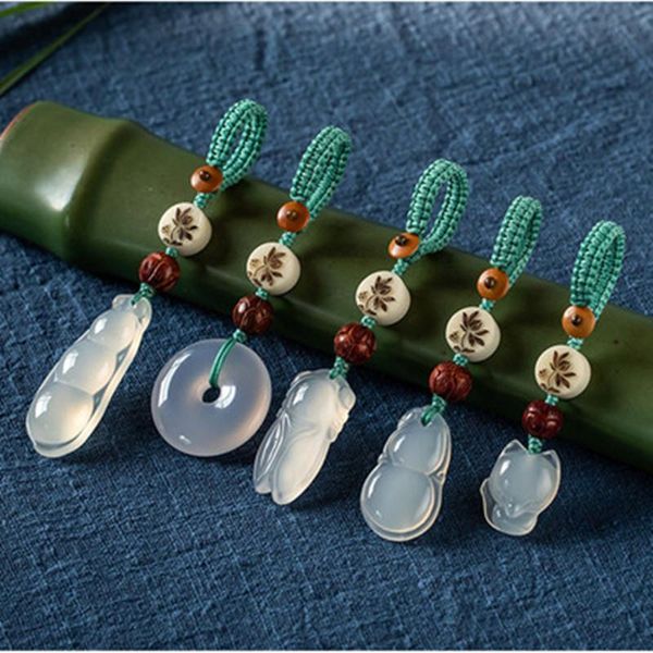 

keychains natural chalcedony lucky fortune bag pendant handmade carved lotus key ring holder for women car bags accessories, Silver