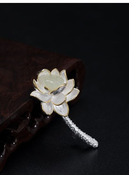 

s925 silver chinese style women's high-end luxury personality pin lotus and hetian ja de brooch, Gray