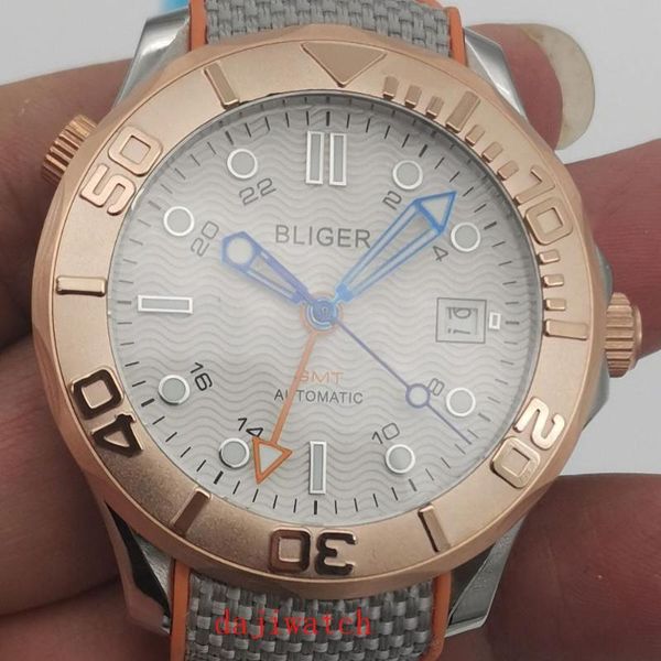 

wristwatches 41mm male watch sapphire glass white dial automatic date gmt function rotating window bezel, Slivery;brown