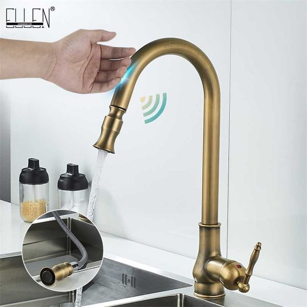 ELLEN Rubinetti da cucina Touch Control Pull Out Antqiue Bronzo Miscelatore da cucina Rubinetto sensore gru Rubinetto Acqua fredda EL902B 211108