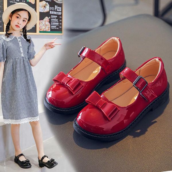 

fashion bow girl dress dance spring shoes 2021 for children flats kids princess school patent leather 3 7 9 12 years flat, Black;grey