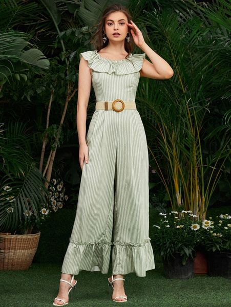 

ruffle trim striped jumpsuit without belt q98c#, White