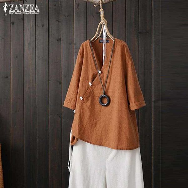 

women's blouses & shirts 2021 zanzea vintage cotton autumn solid blouse kaftan v neck 3/4 sleeve blusas female asymmetrical tunic plus, White