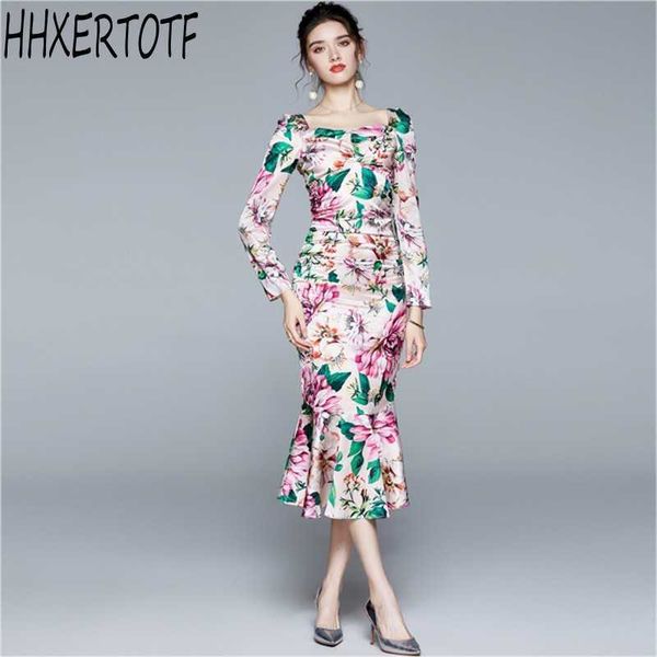

autumn fashion runway long sleeve dres's elegant ruffles floral print mermaid party bodycon dresses 210531, Black;gray