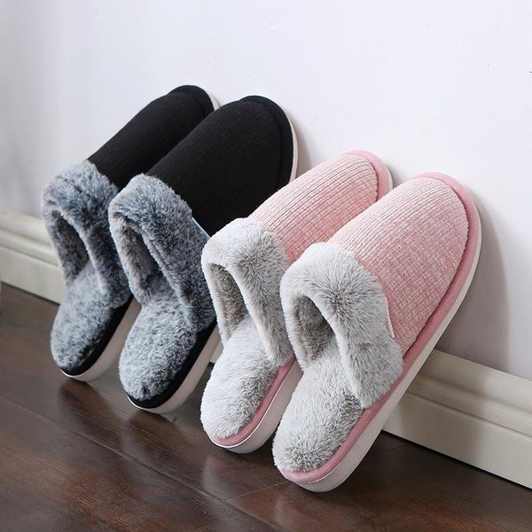 

women slippers winter warm thick velvet fur house bedroom men couples flat soft cotton home slides shoes avt204, Black