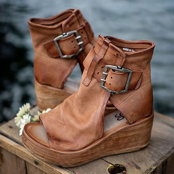 

sandals wedge women shoes 2021 summer retro peep toe platform pu leather thick bottom heels ladies, Black