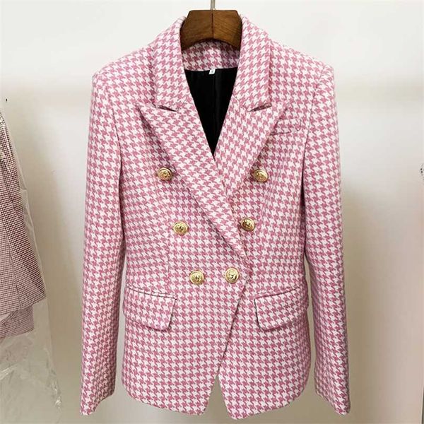 

high street est fashion designer jacket women's double breasted lion buttons wool tweed houndstooth blazer 211006, White;black