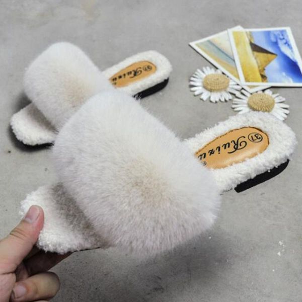 

fashion winter women slippers faux fur solid color slip-on warm comfortable flats female slides casual home shoes xx675, Black