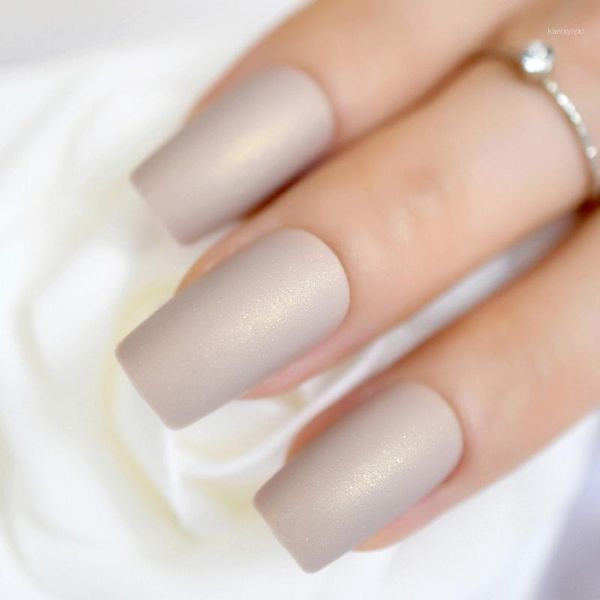 

matte false nails soft light brown long flat shape shimmer glint glitter frosted fake diy nail art tips decor manicure1, Red;gold