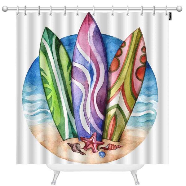 

watercolor surfboard on the beach with ocean shower curtains for bathroom circle on white background polyester waterproof shower