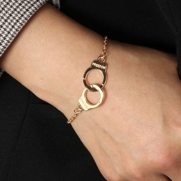 

link, chain creative gold color handcuffs bracelets for women alloy couples gifts om bangles jewelry, Black