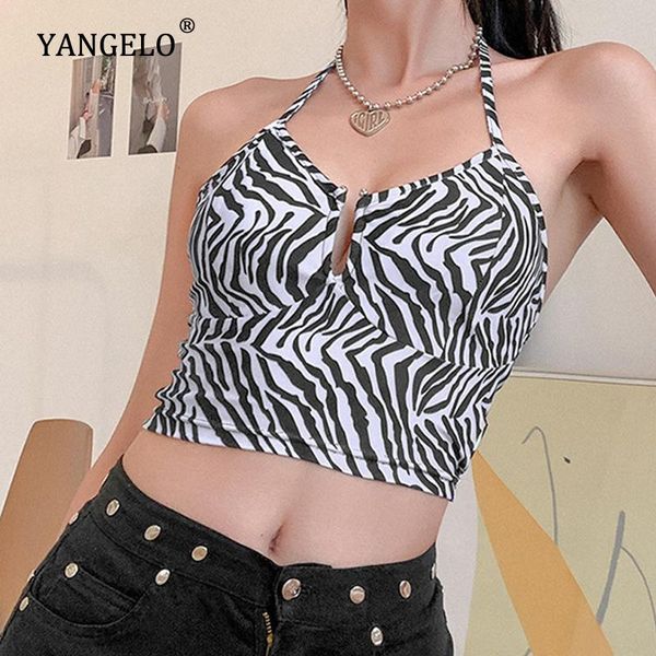 

women's tanks & camis yangelo zebra pattern vest women stitching hanging neck halter exposed navel y2k camisole black white stripes fem