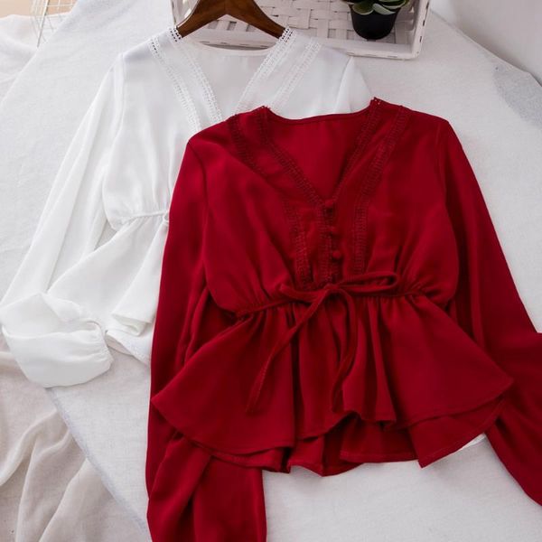 

women's blouses & shirts 2021 women summer lantern sleeve lace up bandage pullover basic shirt casual elastic slim high waist chiffon r, White