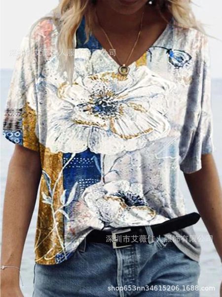 

2021 popular women's loose v-neck flower print casual short sleeve t-shirt, White