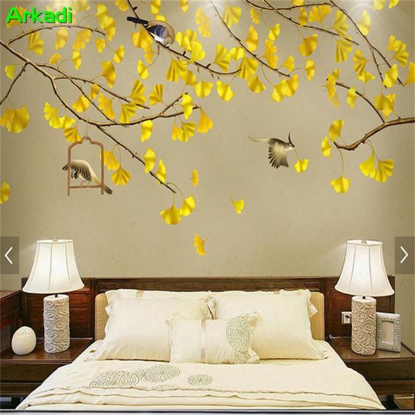 

wallpapers chinese hand-painted gingko gongbi flower bird background wall decoration mural modern wallpaper living room tv