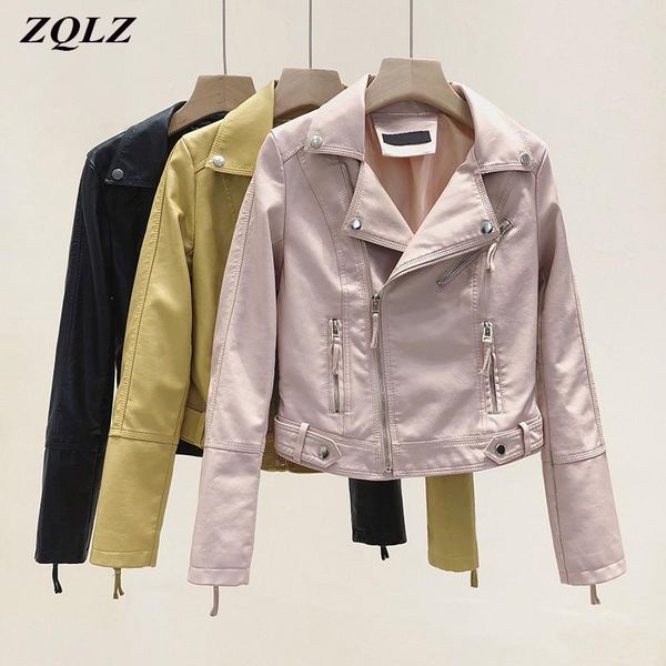 

women's leather & faux zqlz spring autumn jacket women 2021 motorcycle biker pu short overcoat zipper black pink slim coat female