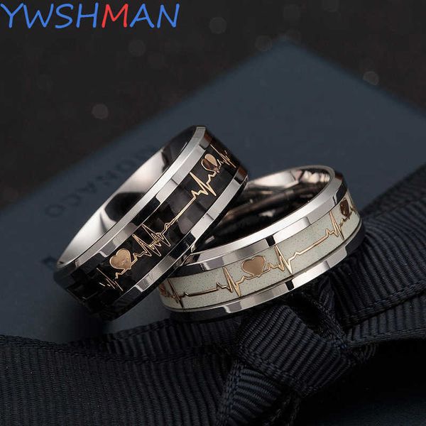 

luminous ecg ring stainless steel promise heartbeat glowing jewelry for men women, Silver